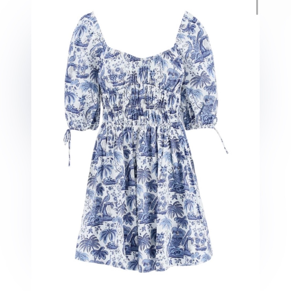 Staud Faye Cotton Mini Dress in blue and white toile